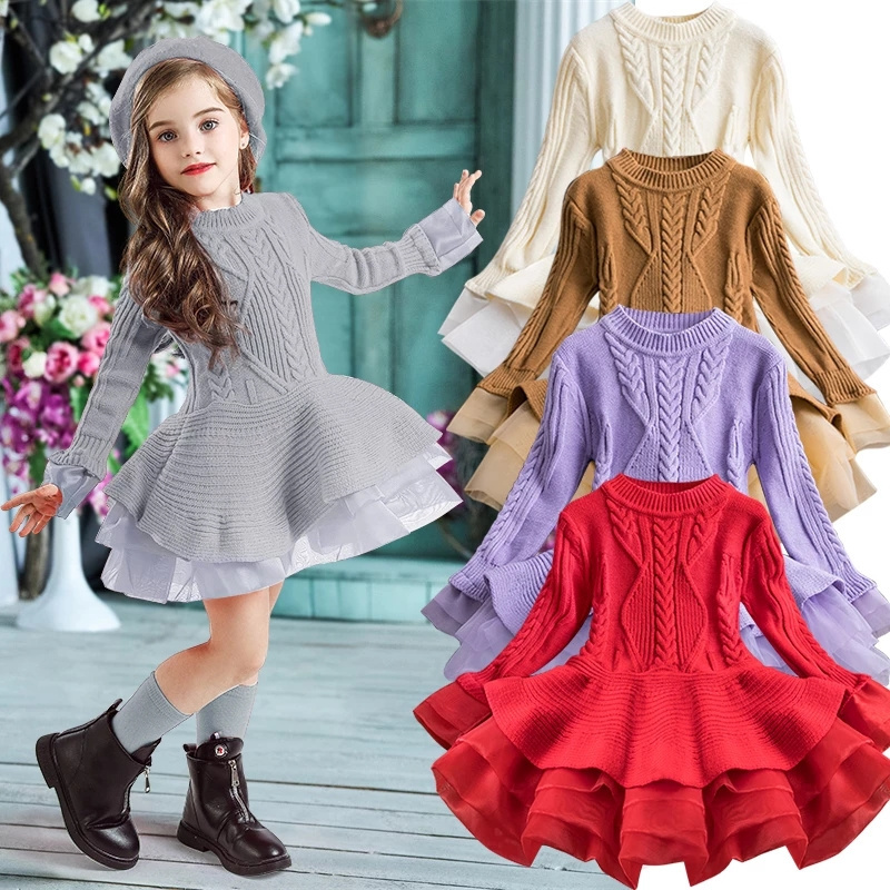 Kids spring autumn elegant girl dresses for birthday party children clothing girls sweater long sleeve tutu dress new