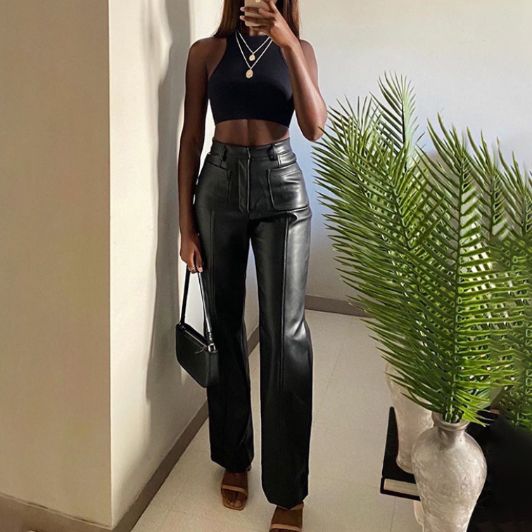 PU Leather Leather Trousers Women Black Brown High Waist Pocket Straight Leg Pants Slim Moto Biker Bodycon Joggers Color Black