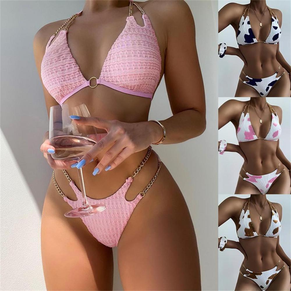 2024 New Chain Split Swimsuit Women Sexy Mirco Bikini Sets Hollow Out Swimwear Lace Up Bathing Suit Brazilian Beachwear Biquini