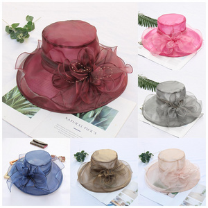 Floral Organza Wide Brim Church Kentucky Derby Fascinator Lady Tea Party Sun Beach Hat Women elegant hats