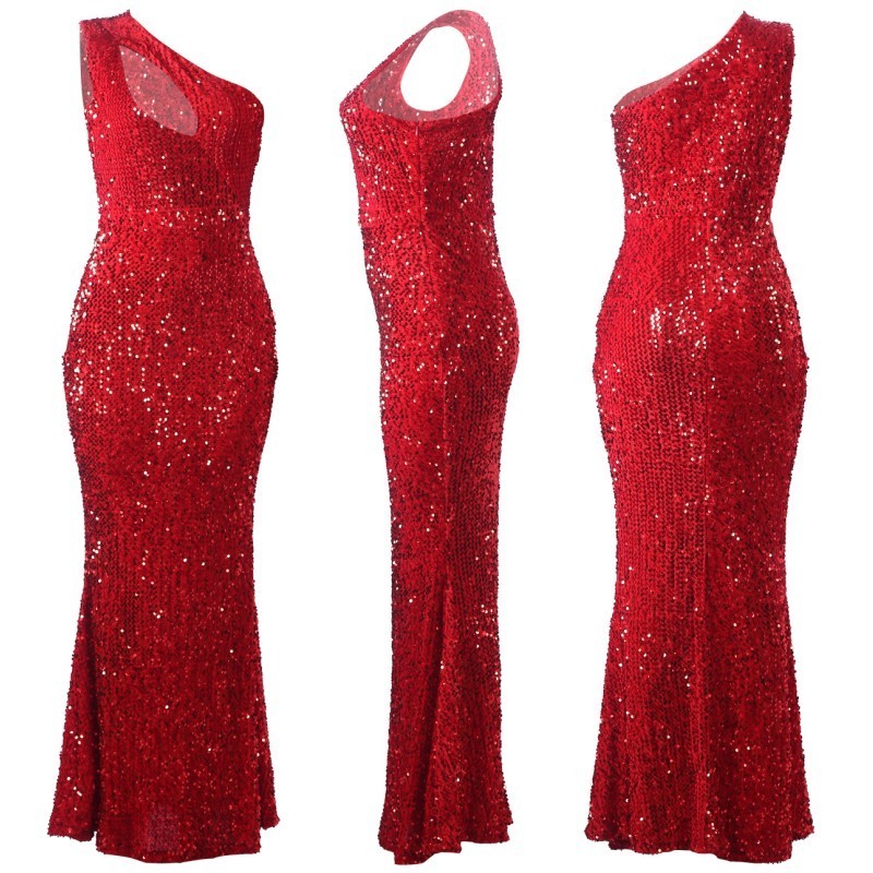 YSMARKET Red Sequined Dress Maxi Sexy Slim Fit Bodycon Nightclub Clothes Womens Long Prom Party Dresses Elegant Fashion EQ190