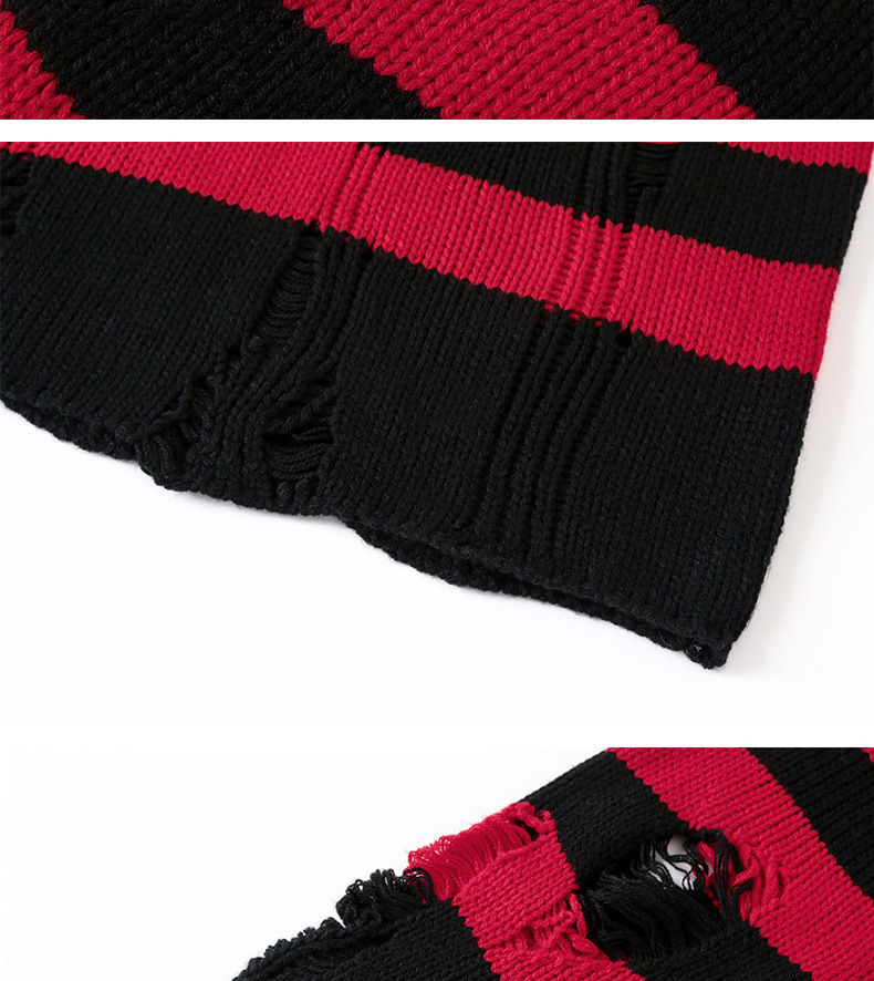 Black Red Striped Sweaters Washed Destroyed Ripped Sweater Crew Neck Men Hole Knit Jumpers Men Women Oversized Sweater Harajuku