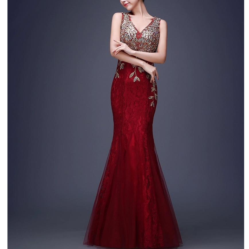 Sexy Illusion Backless Red Mermaid Lace Dress Long Cheap Appliques Embroidery Zipper Gown