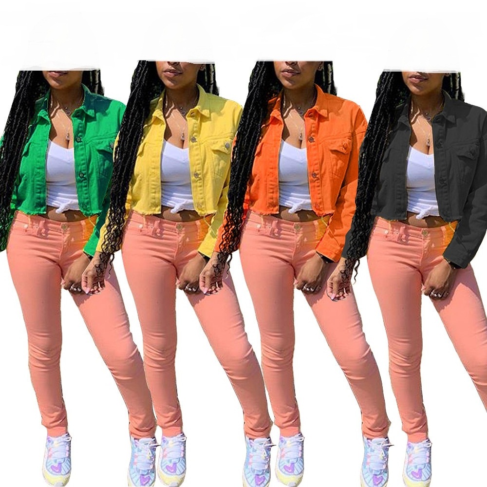 Streetwear Yellow Black Denim Jacket Women Outwear Bodycon Jeans Jackets Women Coat Casual Ladies Cropped Jackets Female