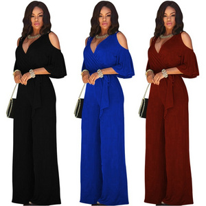 Summer sexy bodycon jumpsuit long pants cold shoulder short sleeve rompers womens jumpsuits plus size clothes E3186