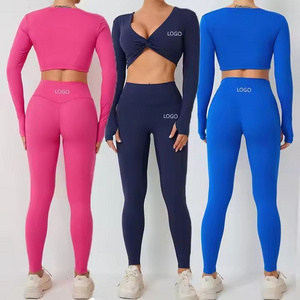 YanRuo Wholesale Good Quality Fashion Design High Waist Elastic Solid Long Sleeve Sports Yoga Sets Fitness Women