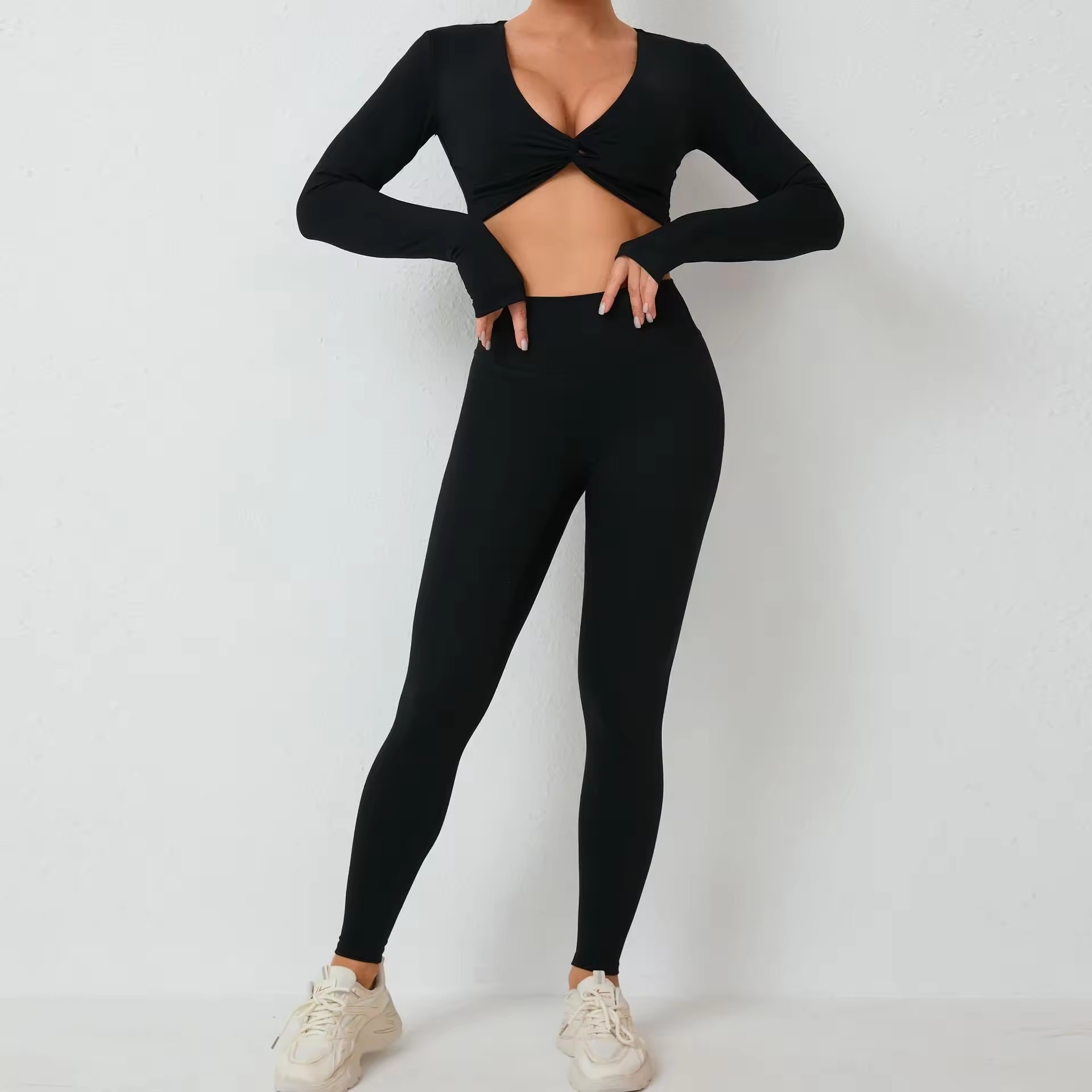 YanRuo Wholesale Good Quality Fashion Design High Waist Elastic Solid Long Sleeve Sports Yoga Sets Fitness Women