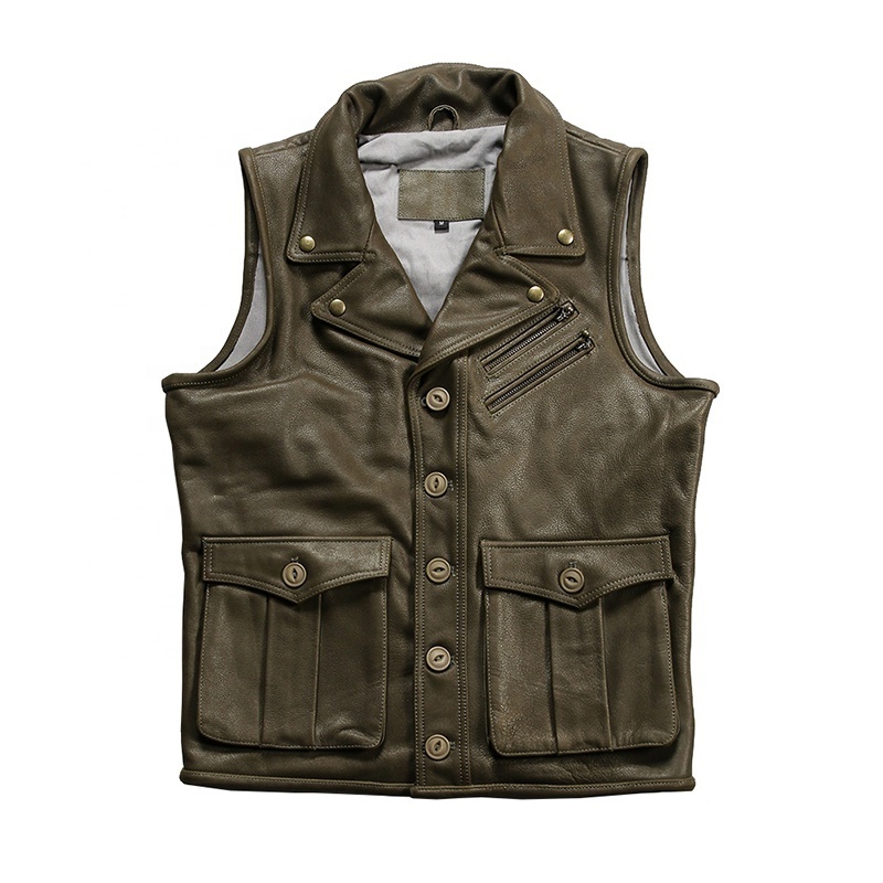 New Design Lapel British Fashion Waistcoat Motorcycle Cycling Outdoor Casual Pocket Sleeveless Jacket Men's Genuine Leather Vest