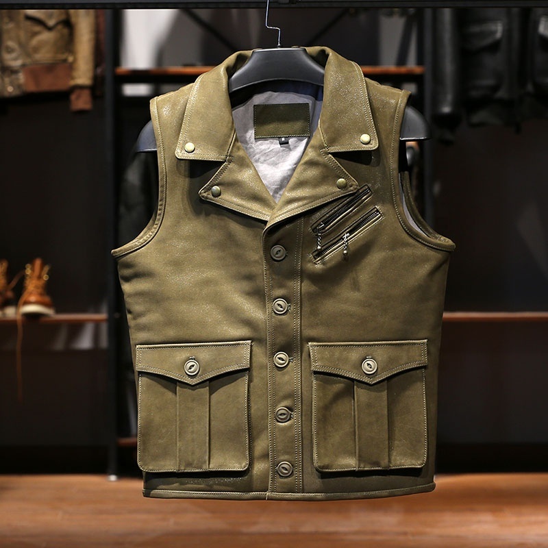 New Design Lapel British Fashion Waistcoat Motorcycle Cycling Outdoor Casual Pocket Sleeveless Jacket Men's Genuine Leather Vest