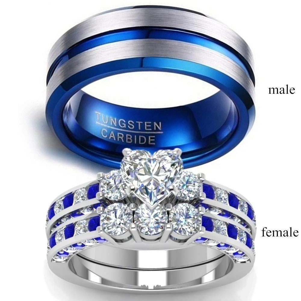 European And American Fashion Stainless Steel Zircon Blue Couple Ring Wedding Ring Set