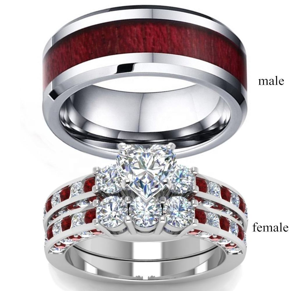 European And American Fashion Stainless Steel Zircon Blue Couple Ring Wedding Ring Set