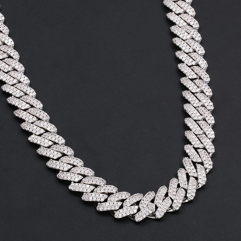 2024 New Design 14mm Silver S925 Diamond Shape Cuban Chain Full Moissanite Gold Plated Necklace