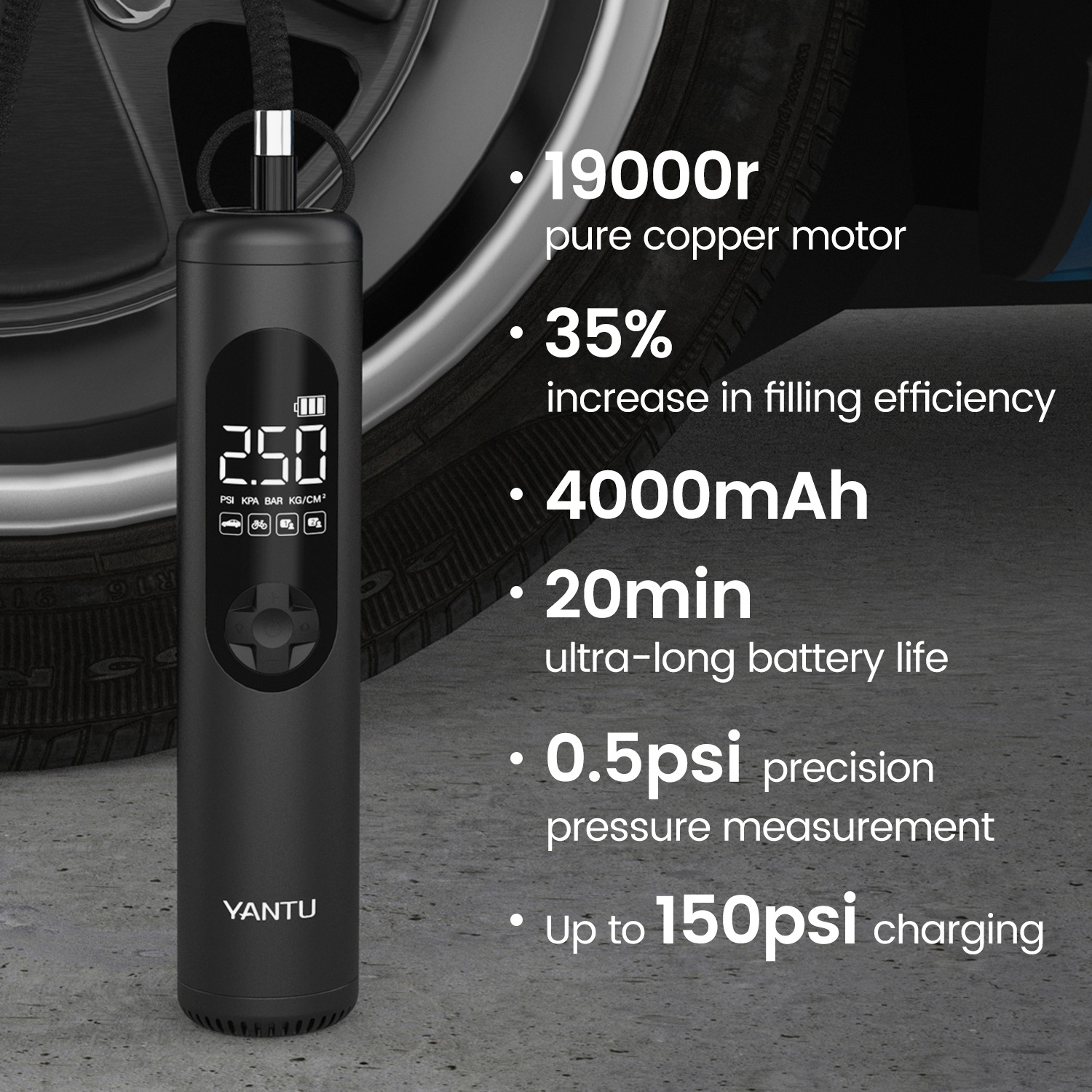 YANTU A23 2023 Wireless Electric Portable Car Air Compressor Pump Aluminum Digital Automobile Tire Inflator For Pickup Truck