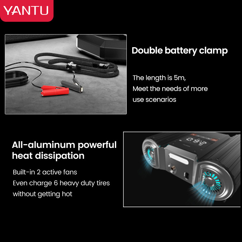 YANTU E2 metal double 30 cylinder with battery clamp portable air compressor pump digital electric 12V car tire inflator machine