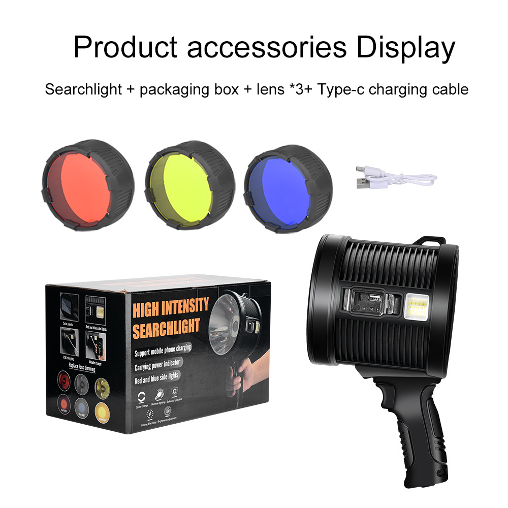 Handheld Searchlight Solar Charging Led Outdoor Hunting Patrol Fishing High-Power Strong Light Red, Blue And Yellow Flashlight