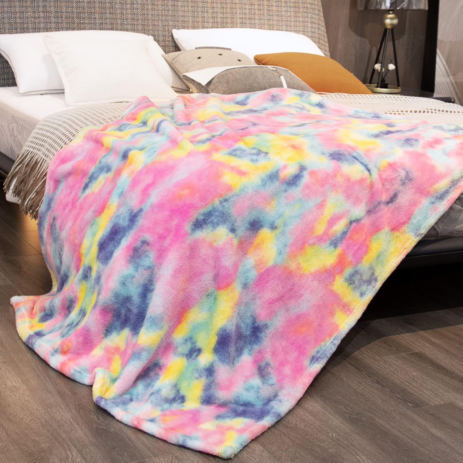 Cozy Soft Heavy Weight Warm Tie Dye Rainbow Fluffy Plush Sherpa Flannel Fleece Throw Blanket For Couch Sofa Bed Camping