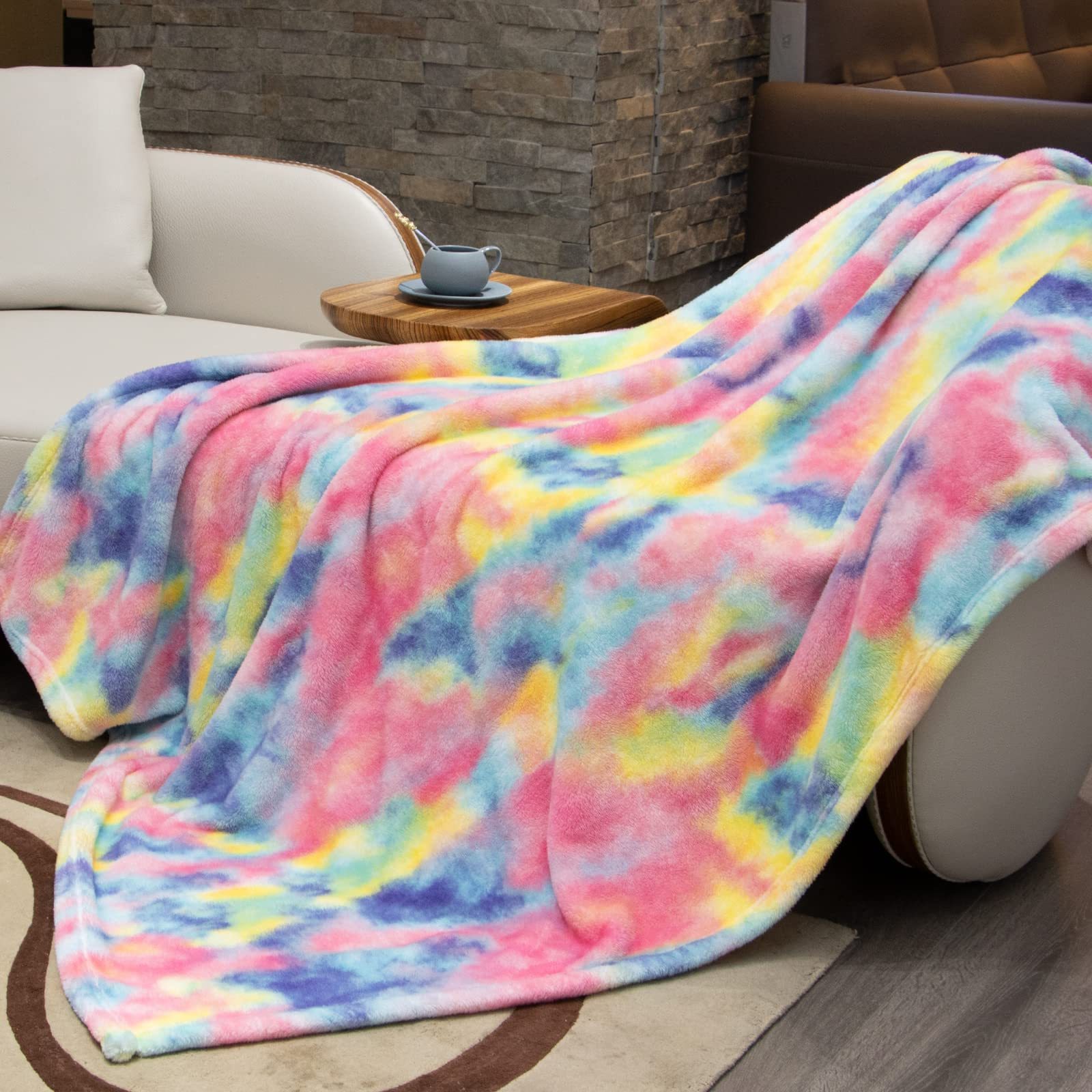 Cozy Soft Heavy Weight Warm Tie Dye Rainbow Fluffy Plush Sherpa Flannel Fleece Throw Blanket For Couch Sofa Bed Camping