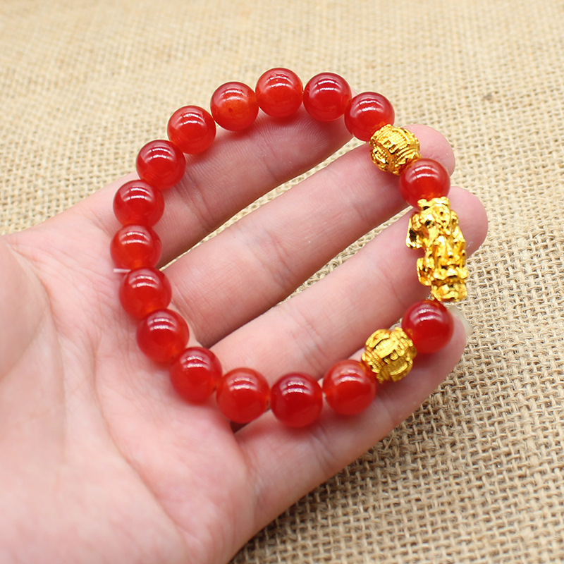 10mm Wholesale Green Jade Beads Good Luck Charm Bracelet Feng Shui Wealth PIXIU Gold Bracelet for Gift