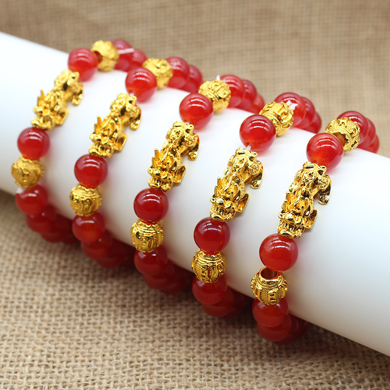 10mm Wholesale Green Jade Beads Good Luck Charm Bracelet Feng Shui Wealth PIXIU Gold Bracelet for Gift