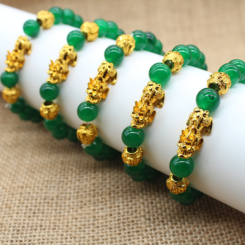 10mm Wholesale Green Jade Beads Good Luck Charm Bracelet Feng Shui Wealth PIXIU Gold Bracelet for Gift