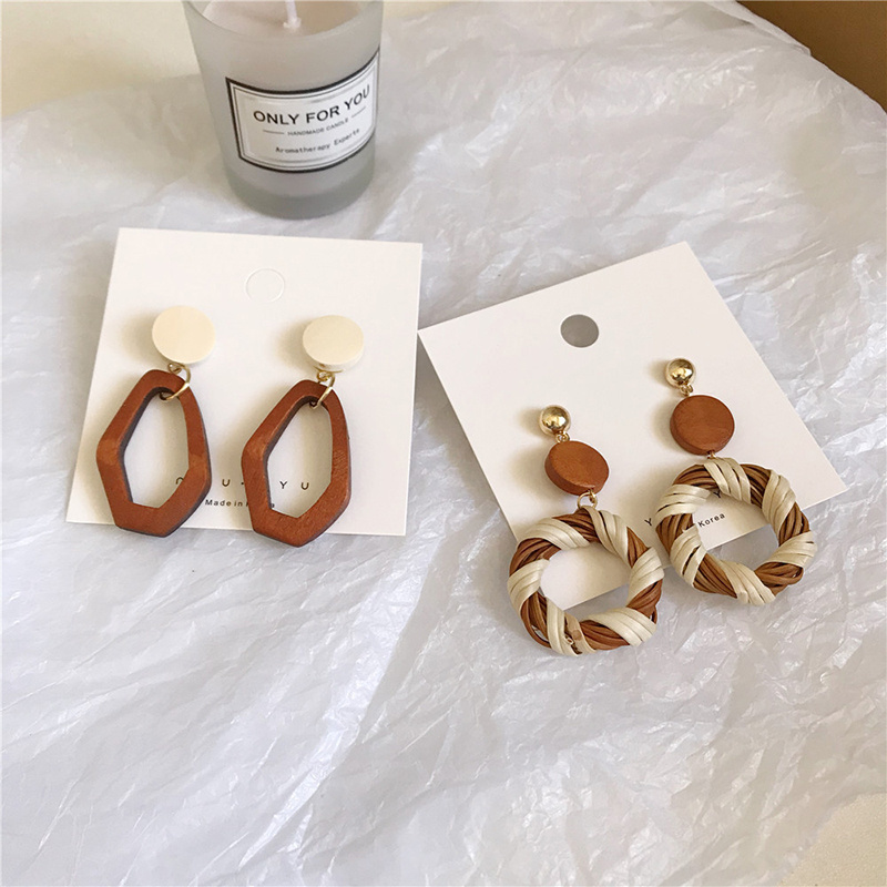 High quality gold plated geometric wood earrings jewelry bohemian handmade wooden hoop earrings for women