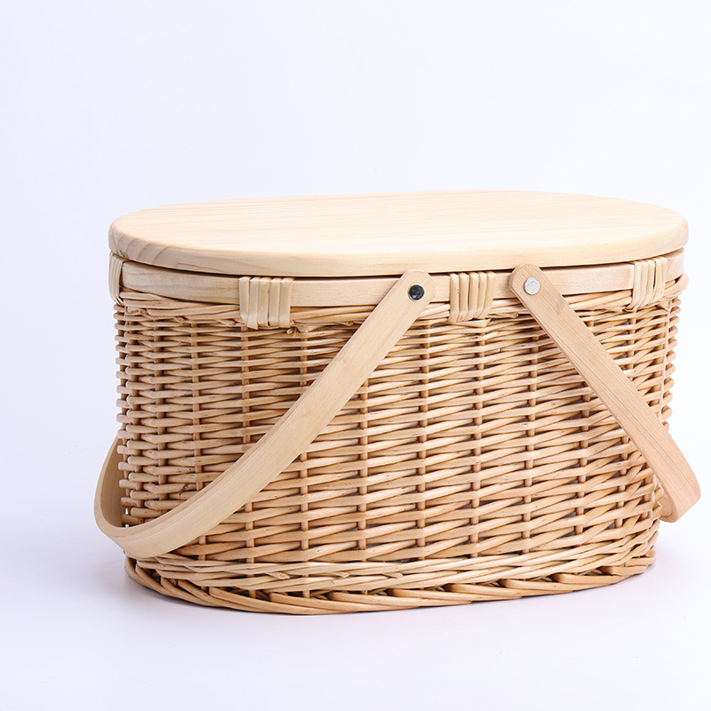 Rattan Wine Willow Wooden Top Wicker Picnic Basket Set with wooden Handle and Lid for 4 person