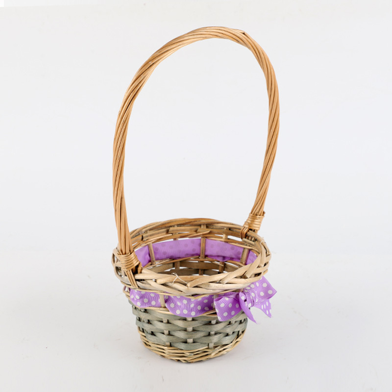 Yanyi Hot Sale Hand Wicker Rattan Half Willow Wood Chips Purple Fabric Round Storage Basket with Handles