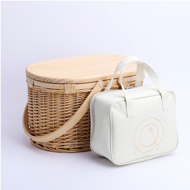 Rattan Wine Willow Wooden Top Wicker Picnic Basket Set with wooden Handle and Lid for 4 person