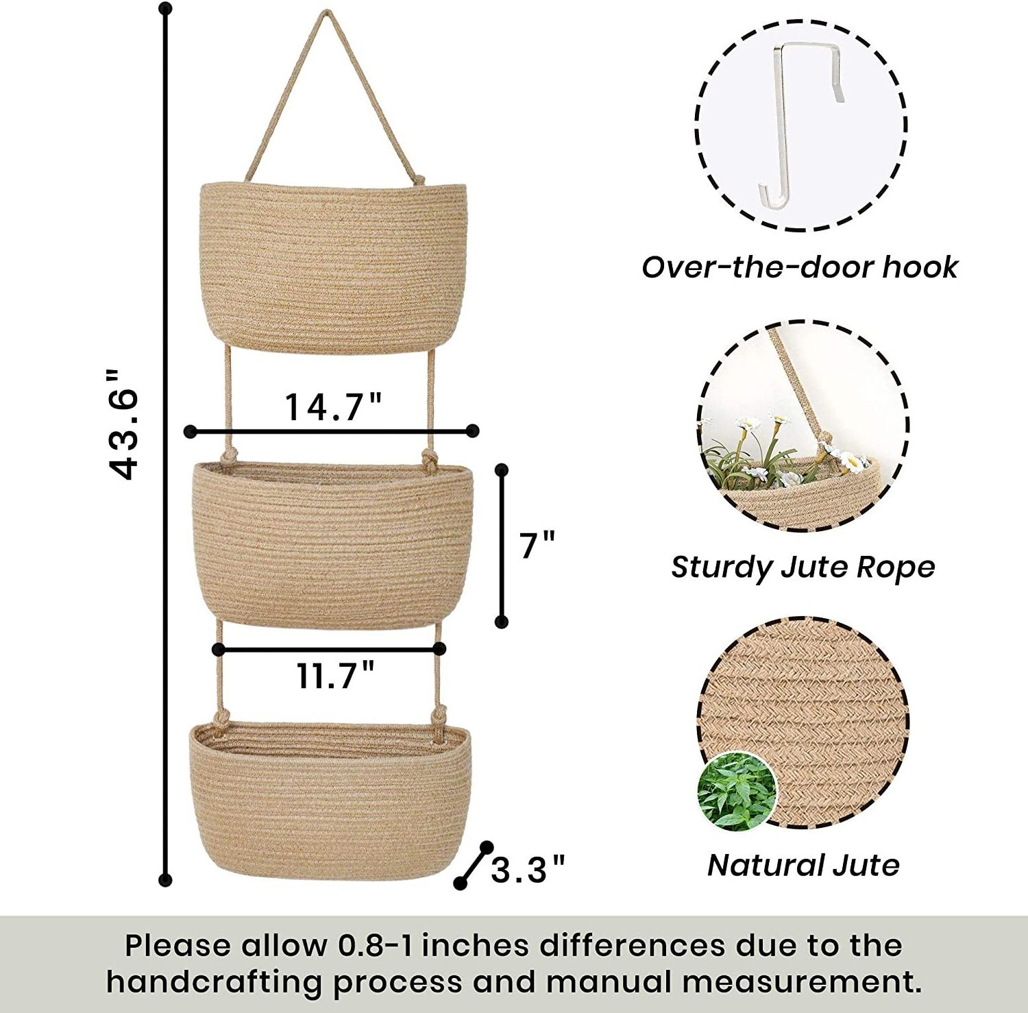 Jute Over the Door Hanging 3 Wall Mount Organizer Magazine Racks Decorative Storage Basket for Living Room Bathroom and Bedroom