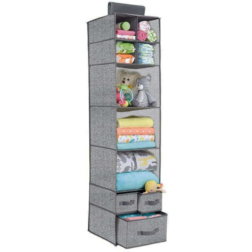 Multipurpose Grey Fabric Hanging Closet Organizer Storage Bag With 3 Drawer and 7 Shelves