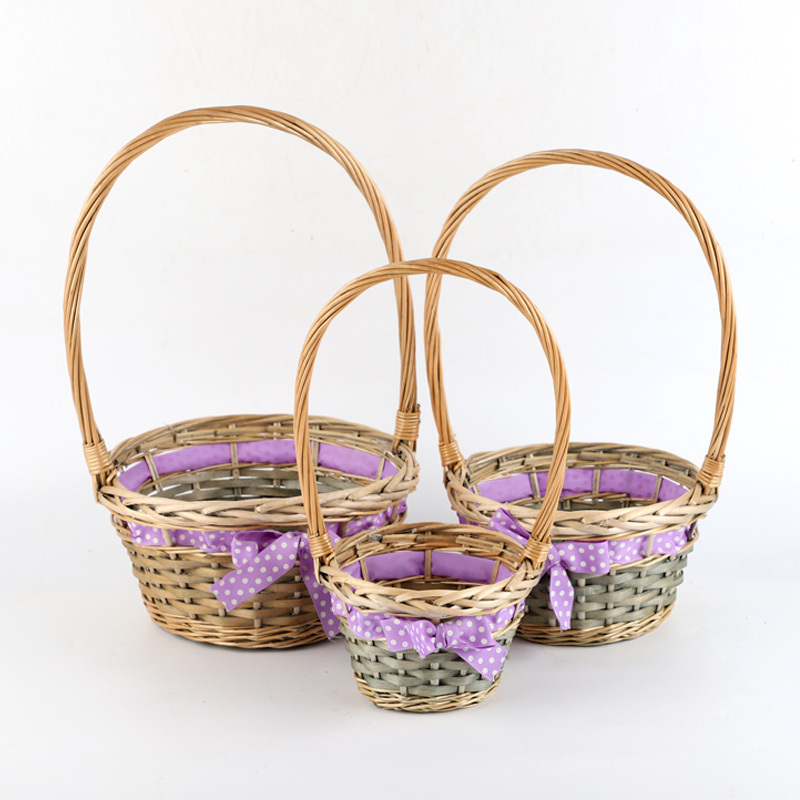 Yanyi Hot Sale Hand Wicker Rattan Half Willow Wood Chips Purple Fabric Round Storage Basket with Handles