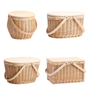 Rattan Wine Willow Wooden Top Wicker Picnic Basket Set with wooden Handle and Lid for 4 person