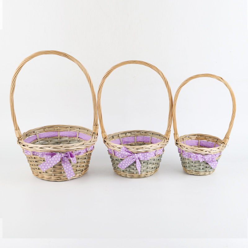 Yanyi Hot Sale Hand Wicker Rattan Half Willow Wood Chips Purple Fabric Round Storage Basket with Handles