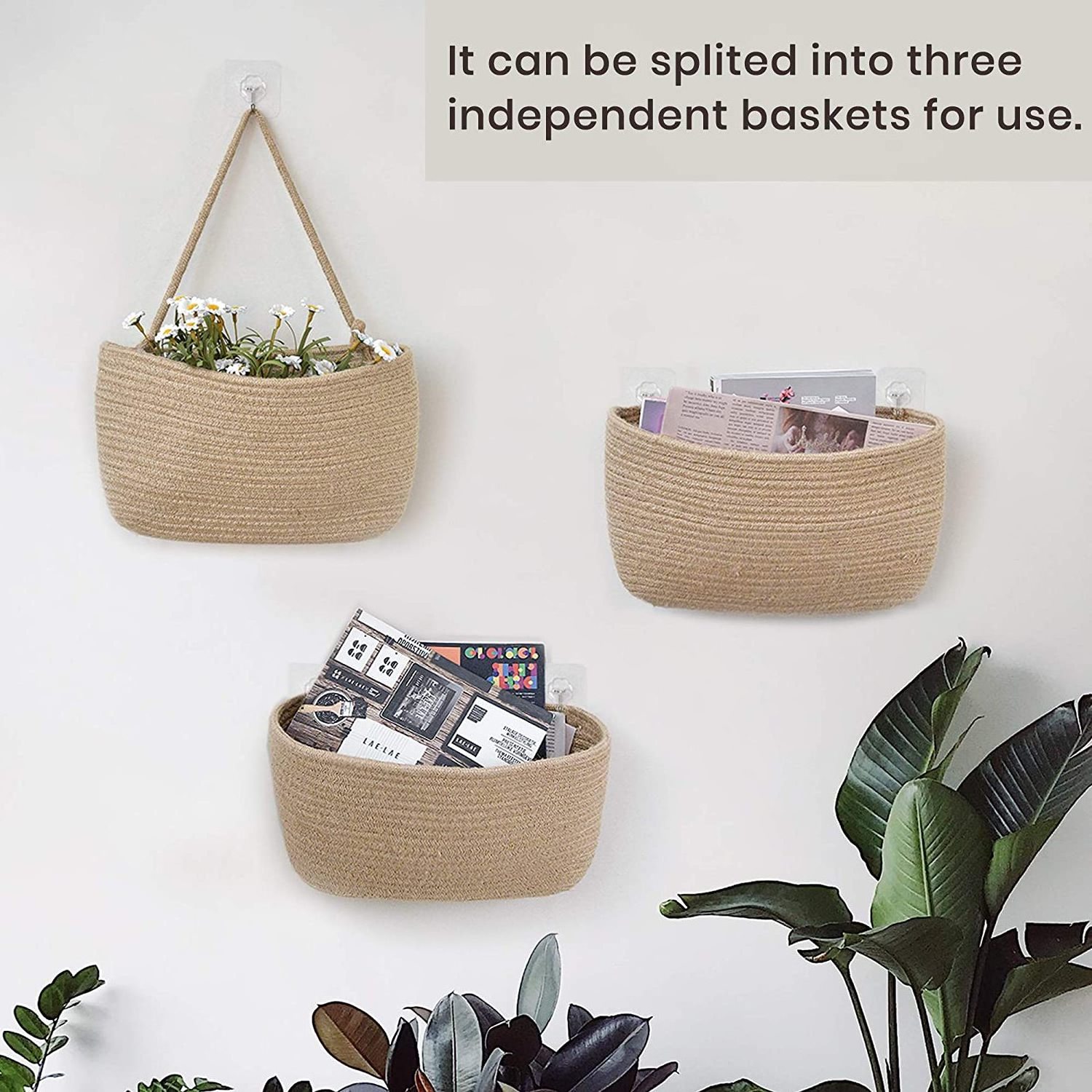 Jute Over the Door Hanging 3 Wall Mount Organizer Magazine Racks Decorative Storage Basket for Living Room Bathroom and Bedroom