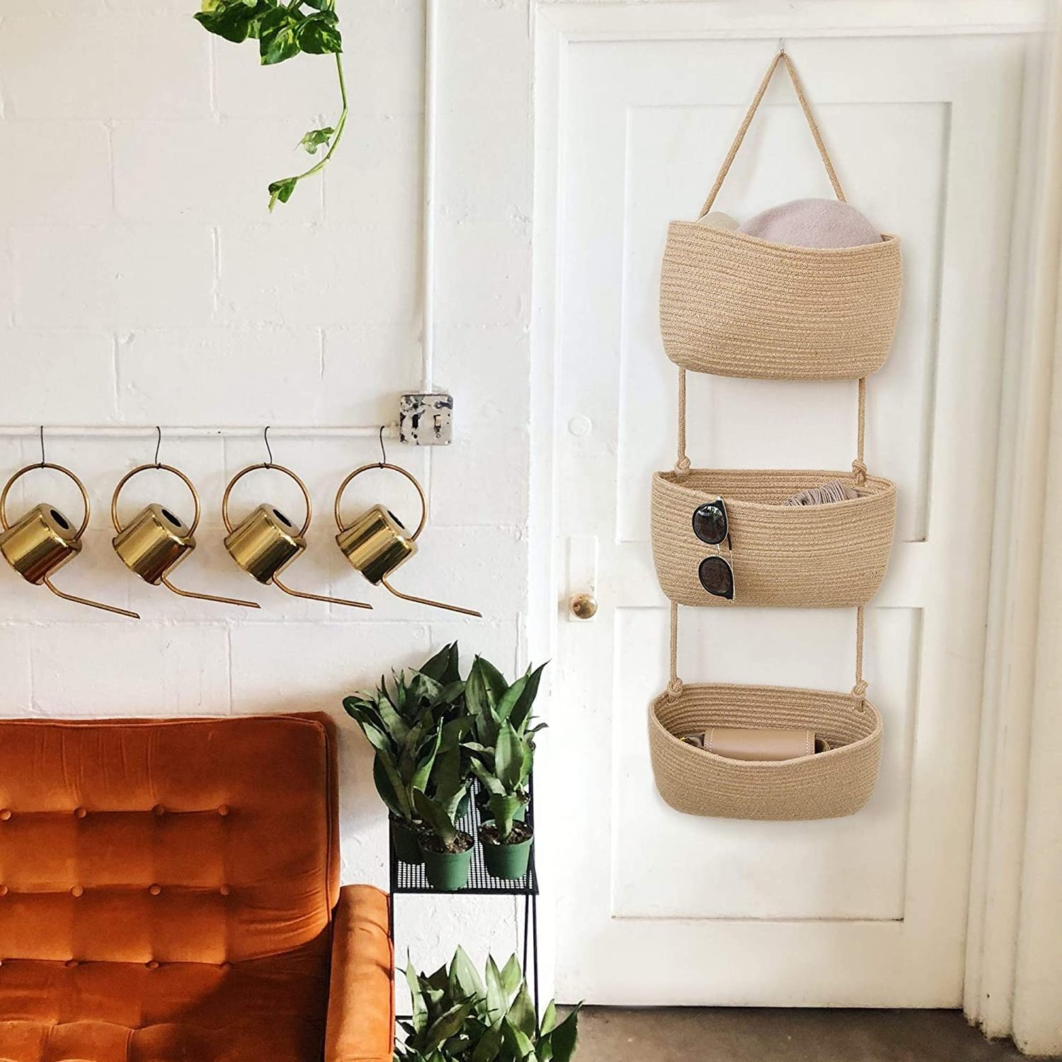 Jute Over the Door Hanging 3 Wall Mount Organizer Magazine Racks Decorative Storage Basket for Living Room Bathroom and Bedroom