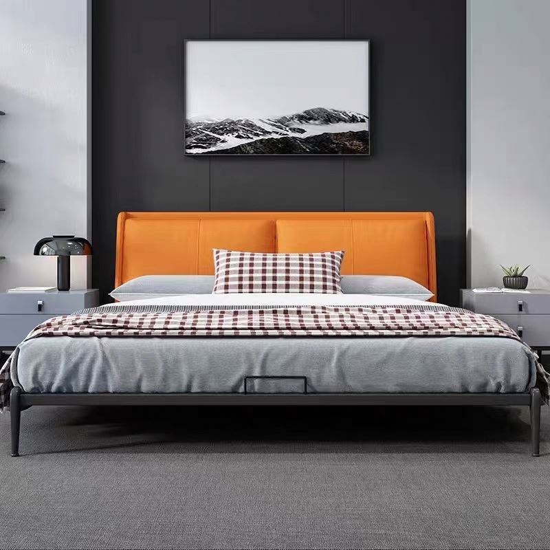 Home Furniture Bedroom Heavy Duty Wood Metal Platform Bed with soft Headboard, Modern Double Bed Frame