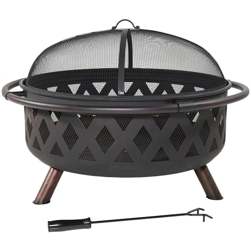 36 Inch Large Bonfire Wood Burning Patio & Backyard Fire pit for Outside with Spark Screen Poker and Round Fireplace Cover