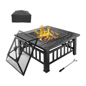 Outdoor Fire Pit Heater BBQ Ice Pit 3 in 1 Metal Fire Bowl Table Backyard Patio Garden Fireplace with Poker BBQ Grill