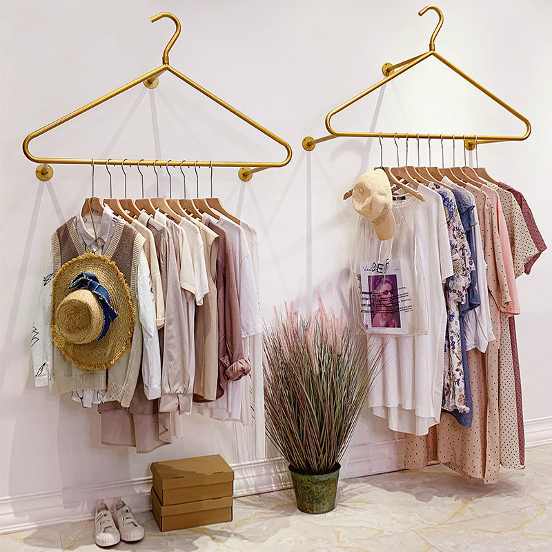 Metal garment Clothes Rack  Store Display wall mounted hanger Golden Simple Iron Shop Decoration Shelf