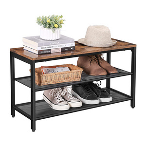 Shoe Bench Shoe Rack with 2 Mesh Shelves Shoe Storage Organizer for Entryway Hall Metal Industrial Rustic Brown