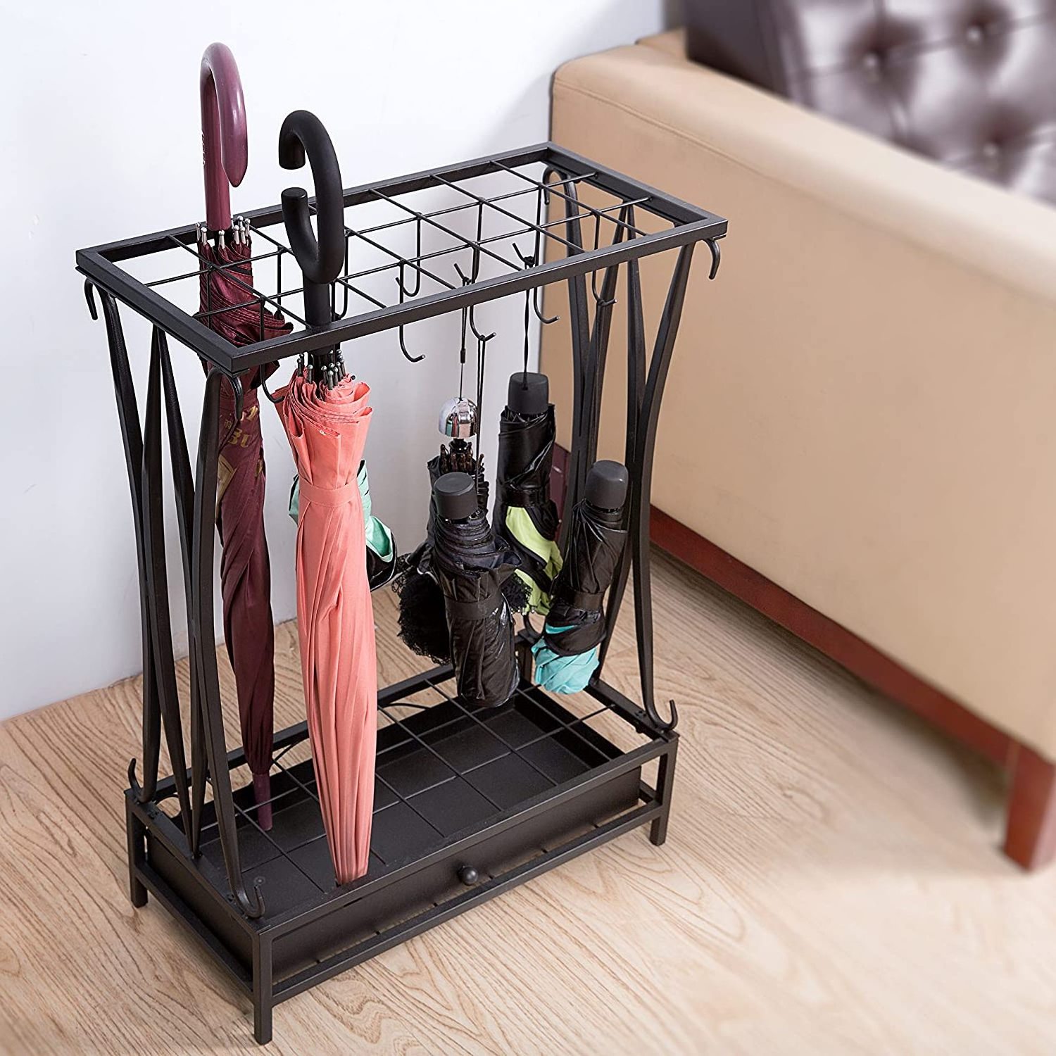 Modern Black Metal 21-Slot Freestanding Umbrella Stand Holder Storage Rack with 12 Hooks and Removable Base Drip Tray