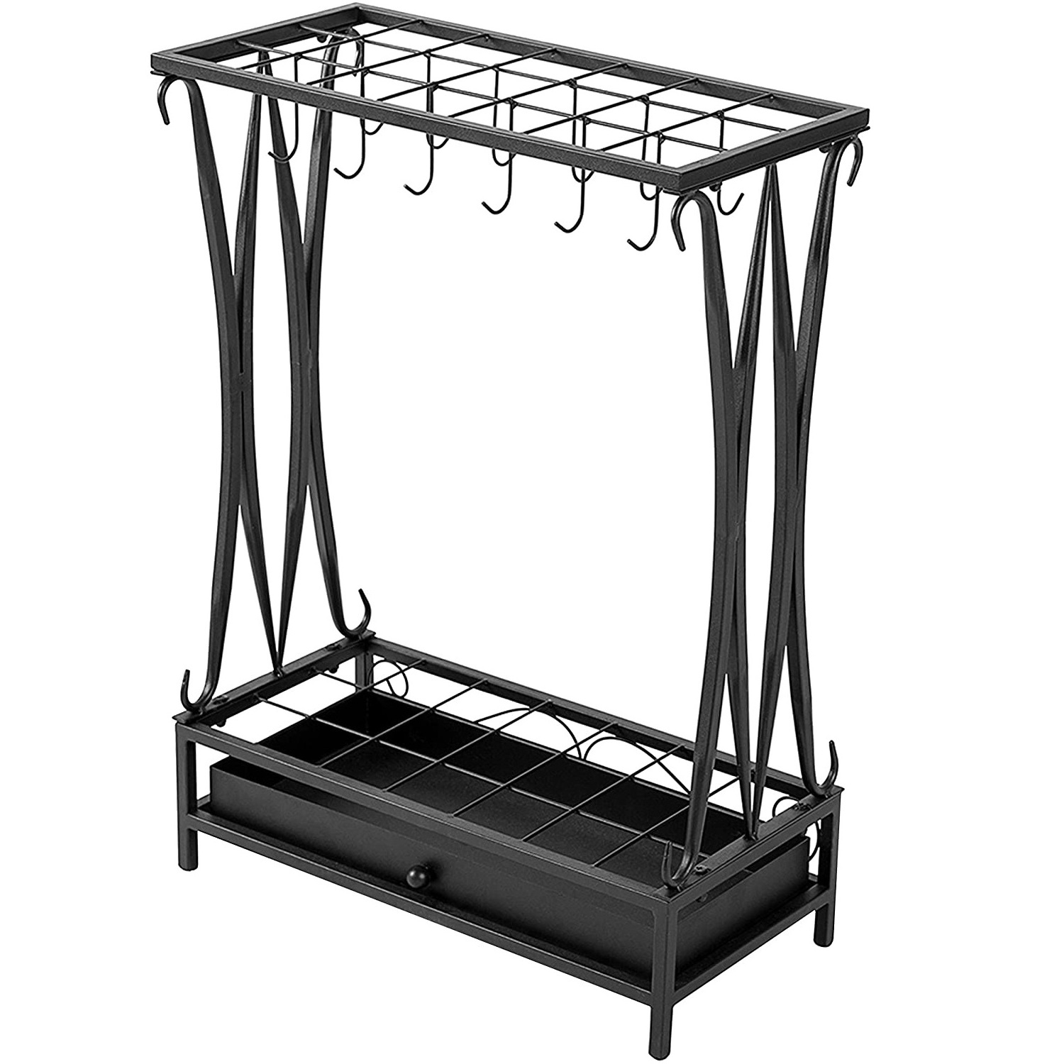 Modern Black Metal 21-Slot Freestanding Umbrella Stand Holder Storage Rack with 12 Hooks and Removable Base Drip Tray