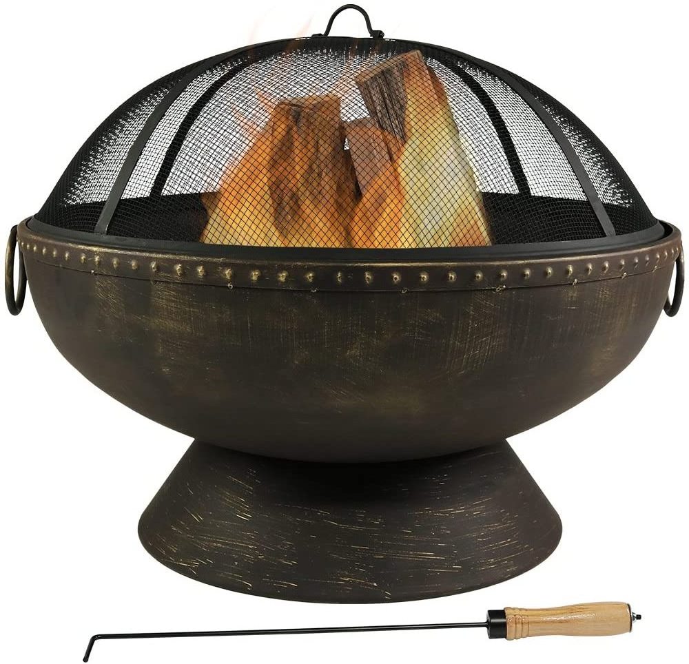 Large Round Wood Burning Patio Backyard Firepit for Outside with Spark Screen Fireplace Poker and Metal Grate