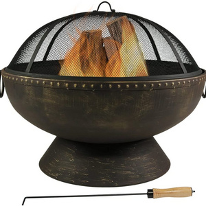 Large Round Wood Burning Patio Backyard Firepit for Outside with Spark Screen Fireplace Poker and Metal Grate