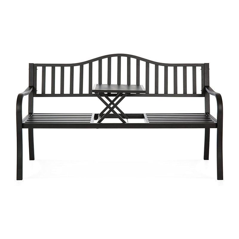 Cast Iron Patio Garden Double Steel Bench Seat for Outdoor Backyard with Pullout Middle Table  for 2 Person