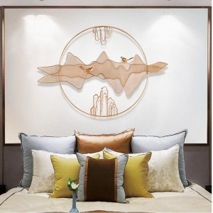 Wall Hanging Ornamental Decor Accent Sky Mountain Cloud Birds Scenic Portrait Gold Circle Metal Art for Home Office Indoor