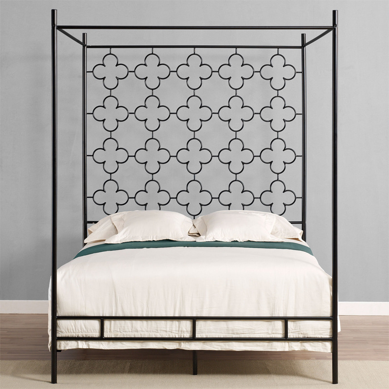 Metal Bed Frame Queen Size Four-Post Canopy Bed with Built-in Headboard No Box Spring Needed