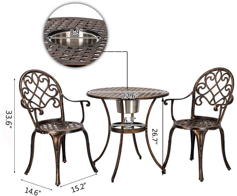 3 Piece Bistro Set with Ice Bucket Antique Outdoor Patio Furniture Weather Resistant Garden cast iron Table and Chairs