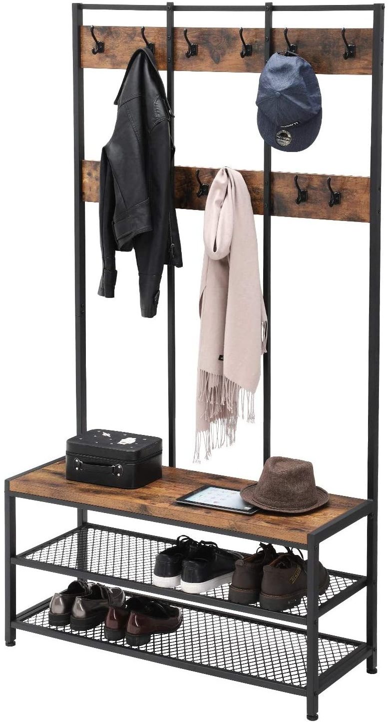 Industrial Coat Rack Shoe Bench, Hall Tree Entryway Storage Shelf, Large Size, Wood Look Accent Furniture with Metal Frame, Eas