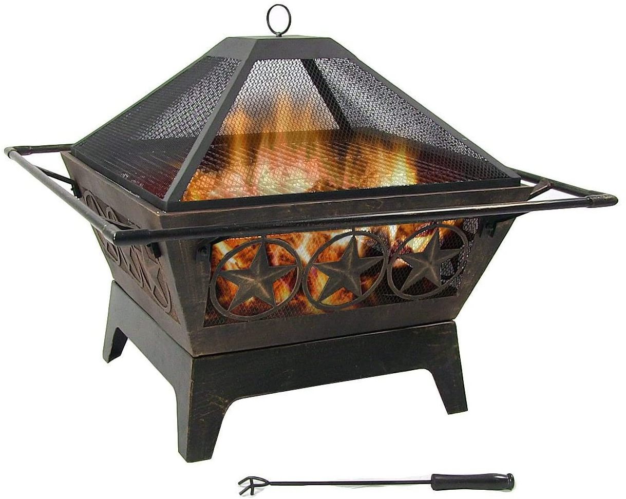 Outdoor Fire Pit Large Square Wood Burning Patio Backyard Firepit for Outside with Cooking BBQ Grill Grate Spark Screen